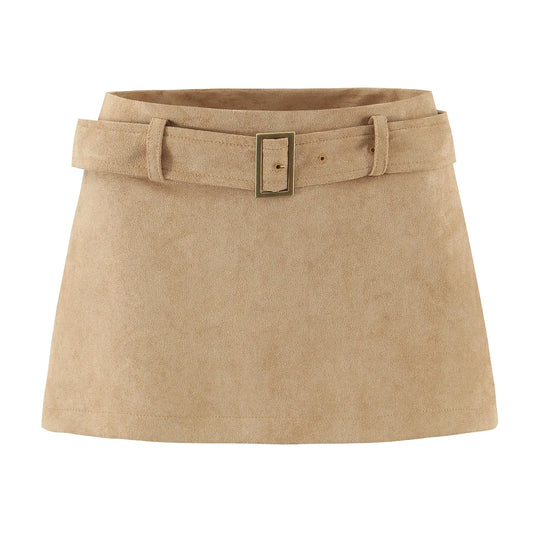 Faux Suede Low Waist Belt Mini Skirt/ Short Lining/Sexy A-line Package Hip/Slim Fitted Waistline/Solid Vintage Skirt.