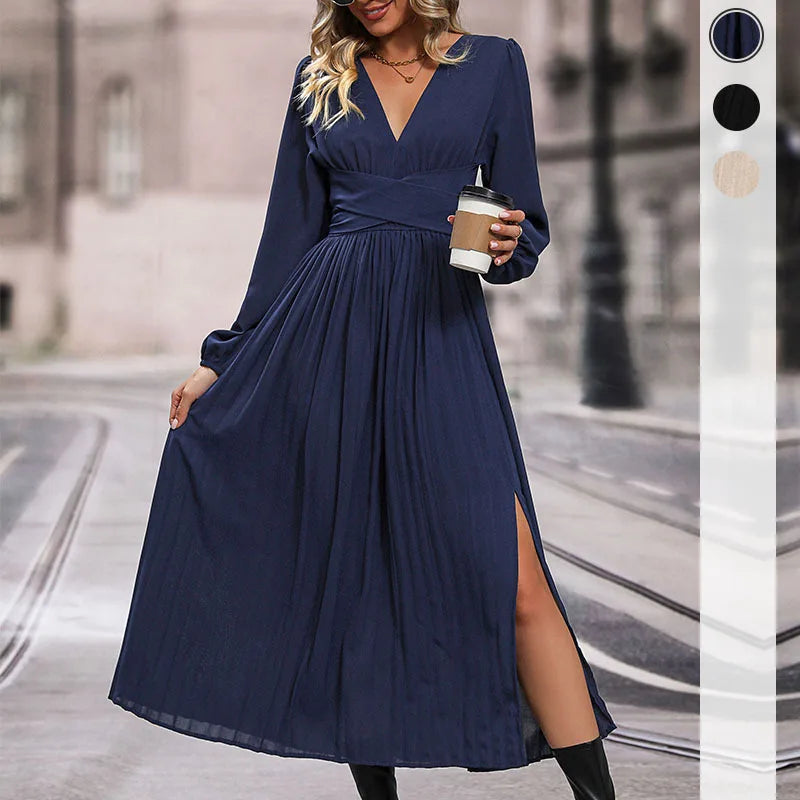 Elegant Side Slit Waist Wrap Dress/Woman Autumn and Winter Solid Color/V Neck Long Sleeve Midi Dress.