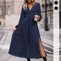 Elegant Side Slit Waist Wrap Dress/Woman Autumn and Winter Solid Color/V Neck Long Sleeve Midi Dress.