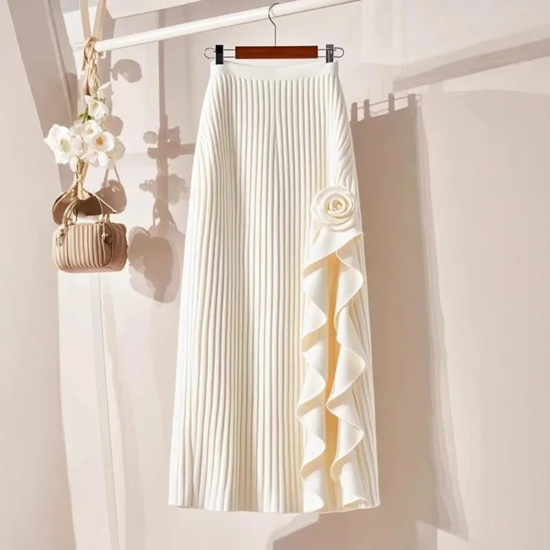 Solid Autumn Winter Skirt/Women/Elastic High Waist A-line Pleated Skirt Midi Skirt Female Elegant Skirts/Med Stretched.
