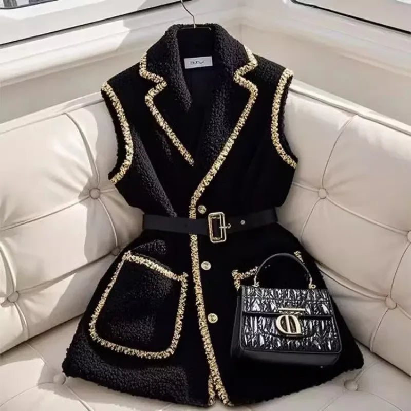 Elegant Women Black Lambhair Vest Coat Luxury Bright Silk Edging with Belt Sleeveless Blazers Vest New Spring Winter Outerwear.