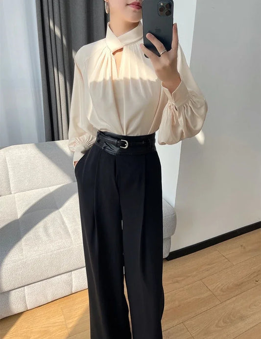 Elegant Twist-Neck Satin Blouse for Women – Long Sleeve Formal Top