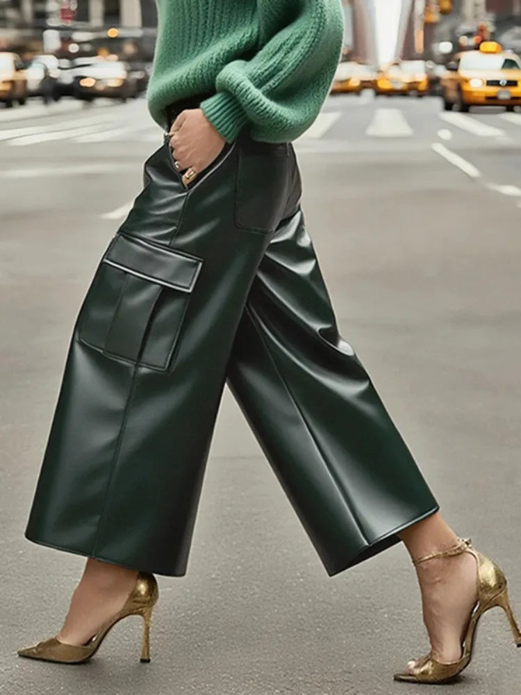 Luxury Forest Green PU Leather Wide-Leg Cargo Pants – High-Waist Cropped Vegan Leather Trousers for Women
