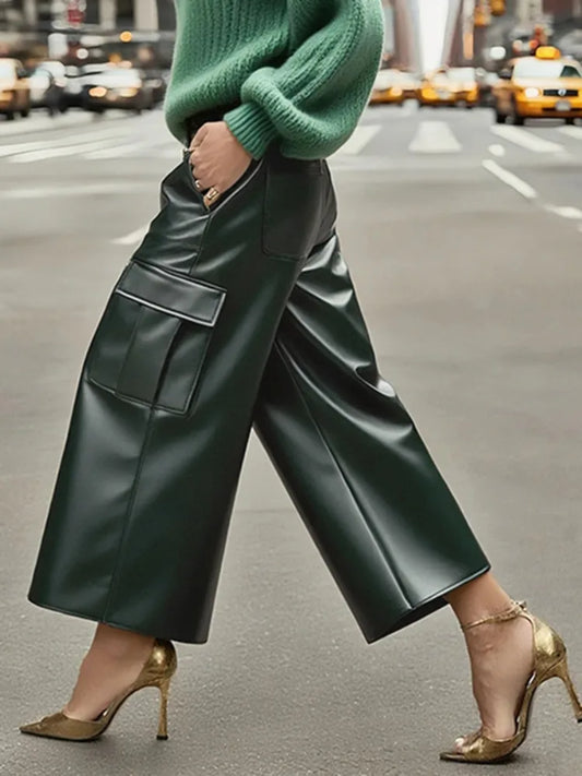 Luxury Forest Green PU Leather Wide-Leg Cargo Pants – High-Waist Cropped Vegan Leather Trousers for Women