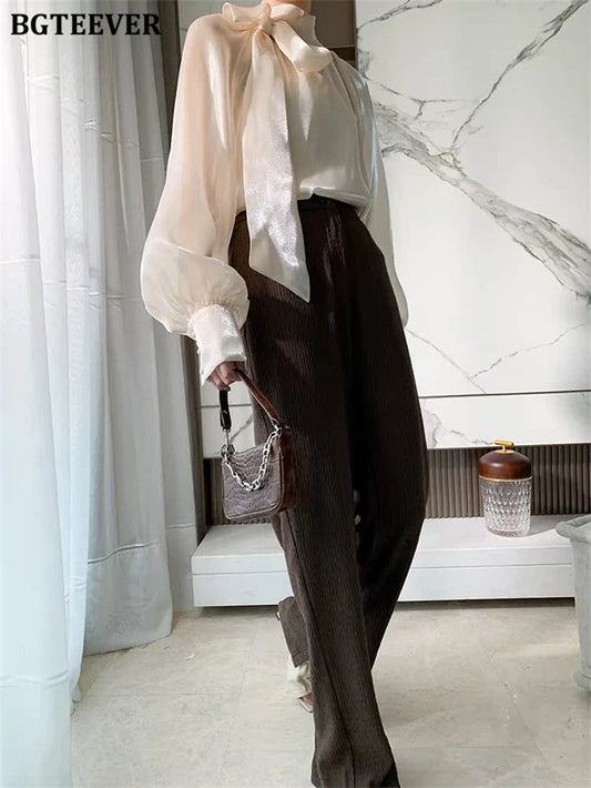 Elegant Ivory Bow Neck Blouse for Women – Long Sleeve Satin-Effect Loose Fit Top