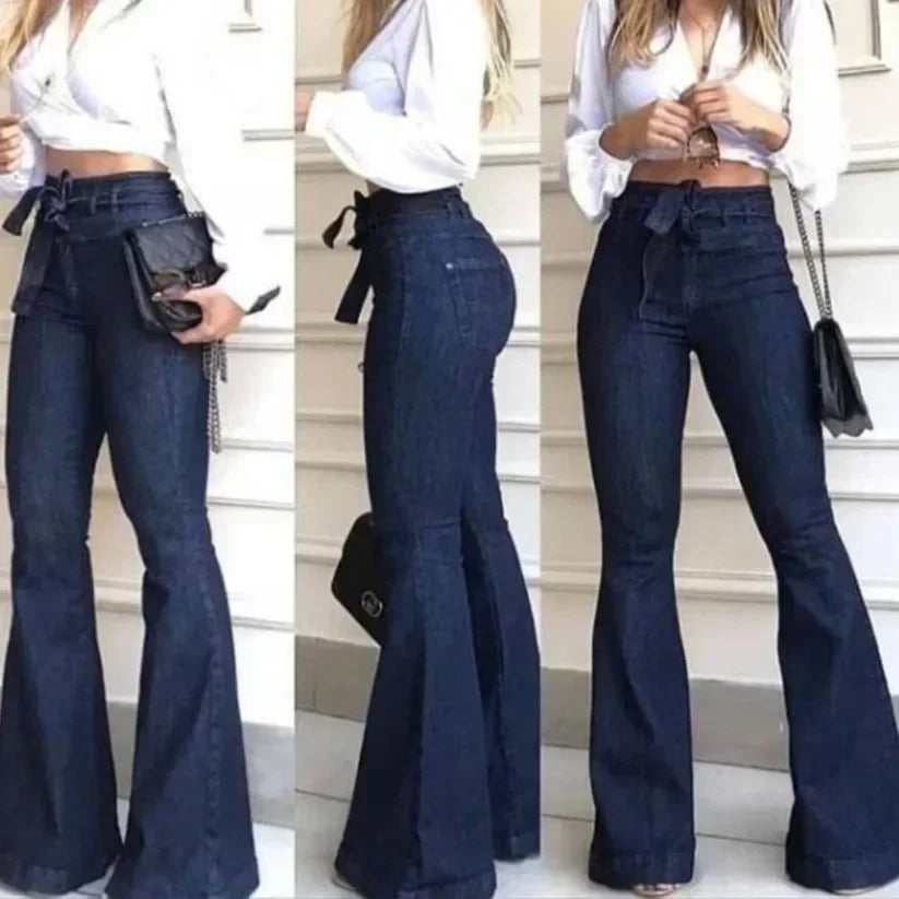 Slightly Stretched High Waist Bell Bottom’s/Flare Pants/Solid Color High Waist/Zipper Fly Flat Pockets/ Streetwear/Slim Patchwork Button Slight Strech Belt.
