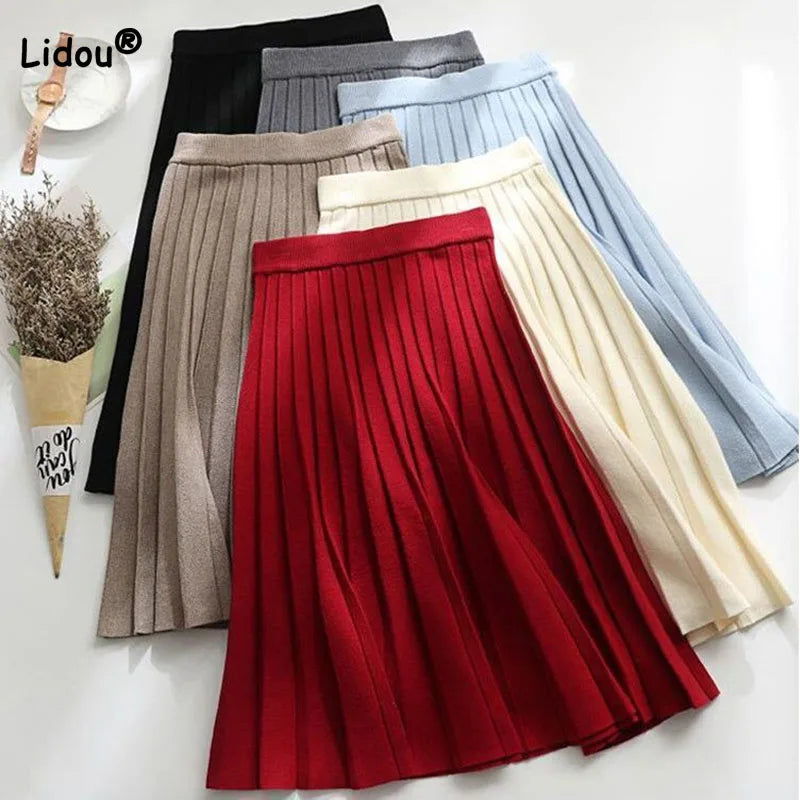 Fashioned Solid Color Knitted Skirt/Pleated A-Line Trend/All-match Elastic High Waist Skirt/Women's Clothing.