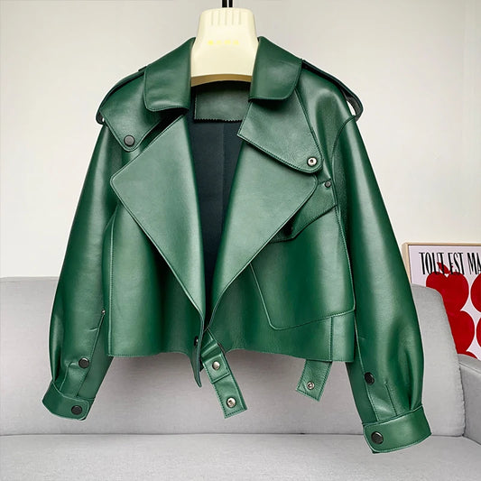 Luxury Oversized Sheepskin Moto Jacket – Cropped Structured Biker Coat for Women (Red, Black, Ivory, Emerald Green, Blush Pink, Camel)
