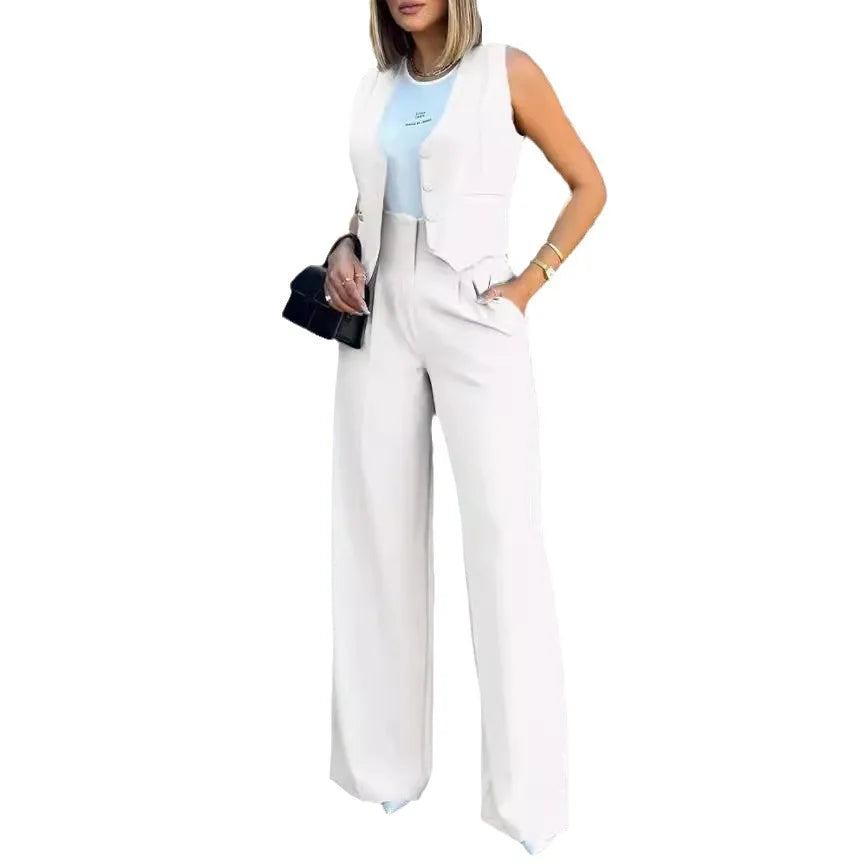 Trousers Suit Women's Vest Suit/Elegant Loose Regular Work Suit/High Waist Wide-leg Trousers 2-piece Street Suit.