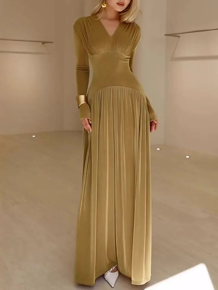 Luxurious Velvet Hight Waist Slim Fit A-Line Dress/Fashion Draped Solid Long Party Dress Sexy Deep V-neck Long Sleeve Maxi Dress/Synthetic Fiber.