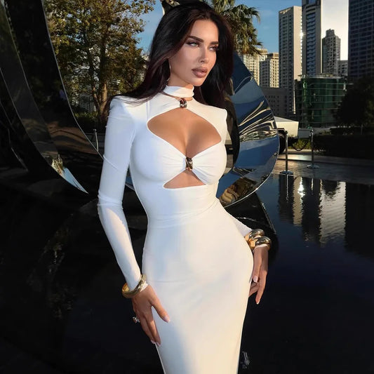 Elegant Cut-Out White Bodycon Maxi Dress – Long Sleeve High Neck Evening Dress for Women