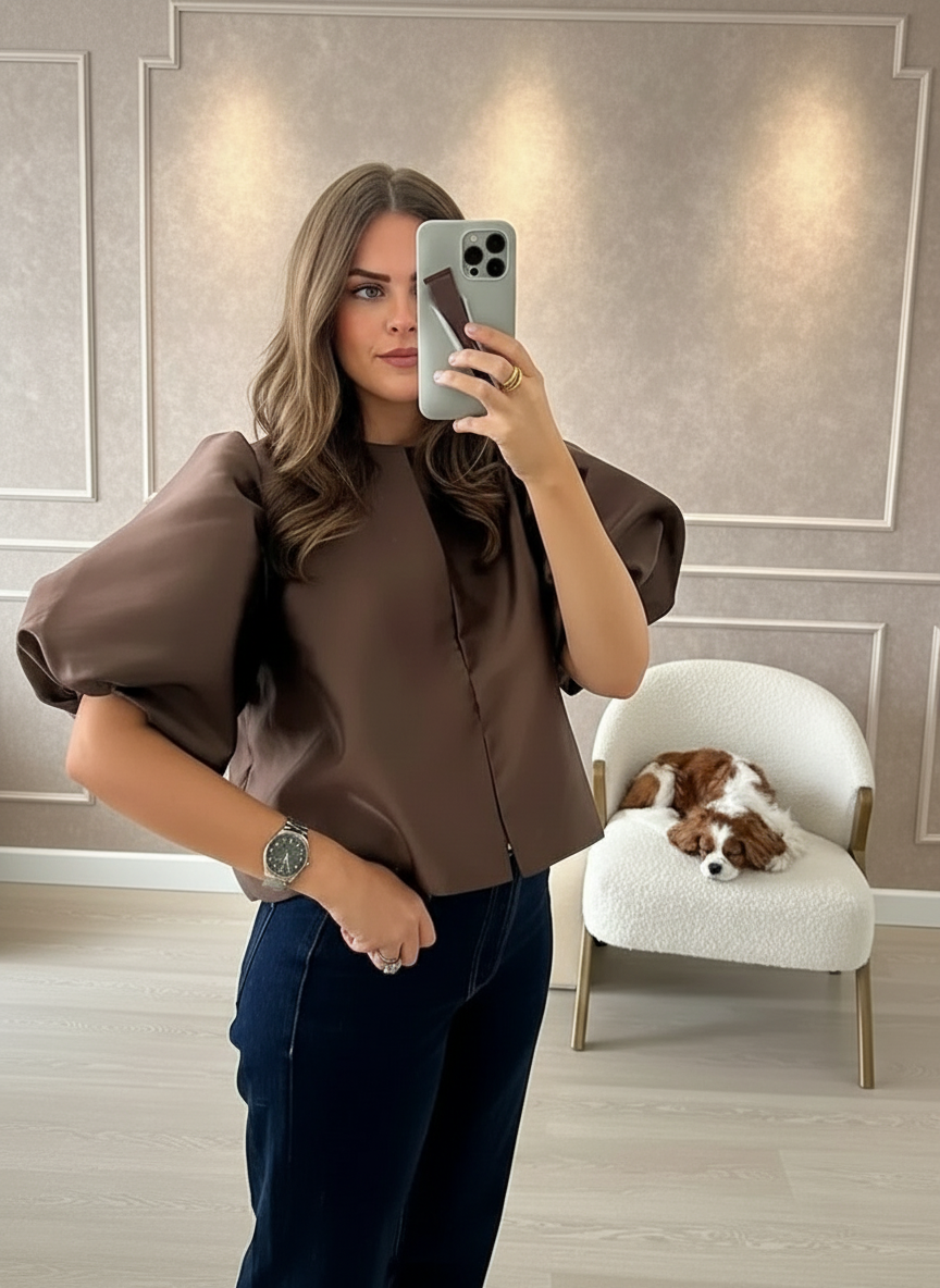 Solid Puffed Up Satin Blouse/Stylish Balloon Sleeved O~Neck Design/Single Breasted Loose Fitted Blouse.