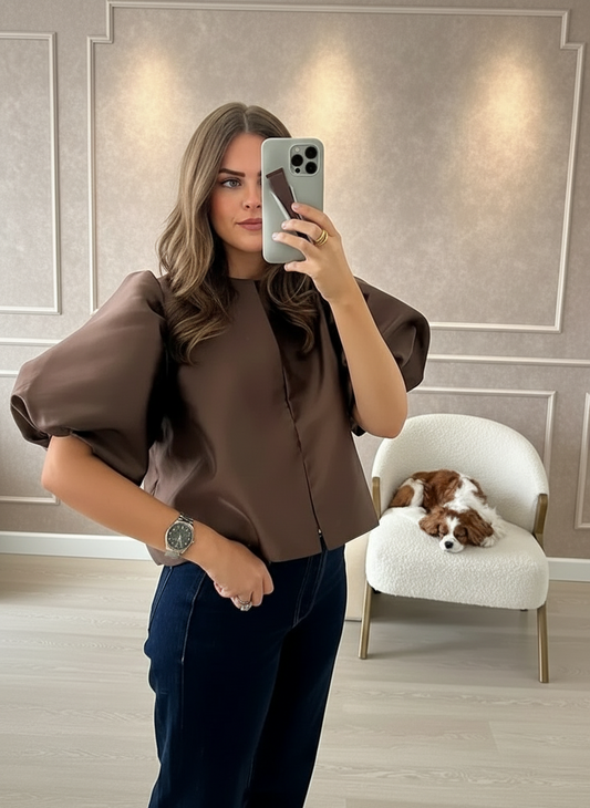 Solid Puffed Up Satin Blouse/Stylish Balloon Sleeved O~Neck Design/Single Breasted Loose Fitted Blouse.