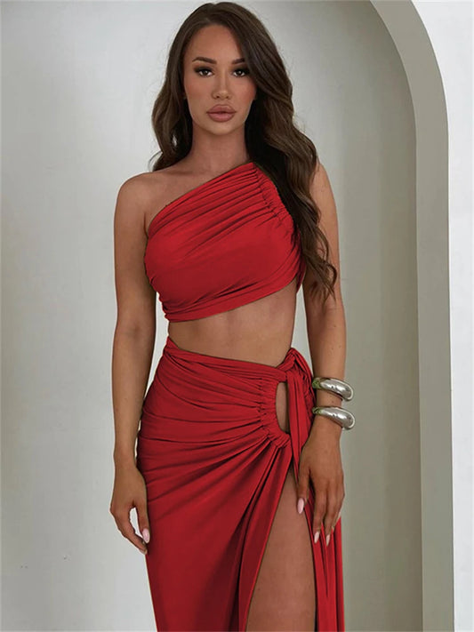 Luxury One-Shoulder Ruched Skirt Set – Elegant Backless Crop Top & High Slit Maxi Skirt Two-Piece Ensemble