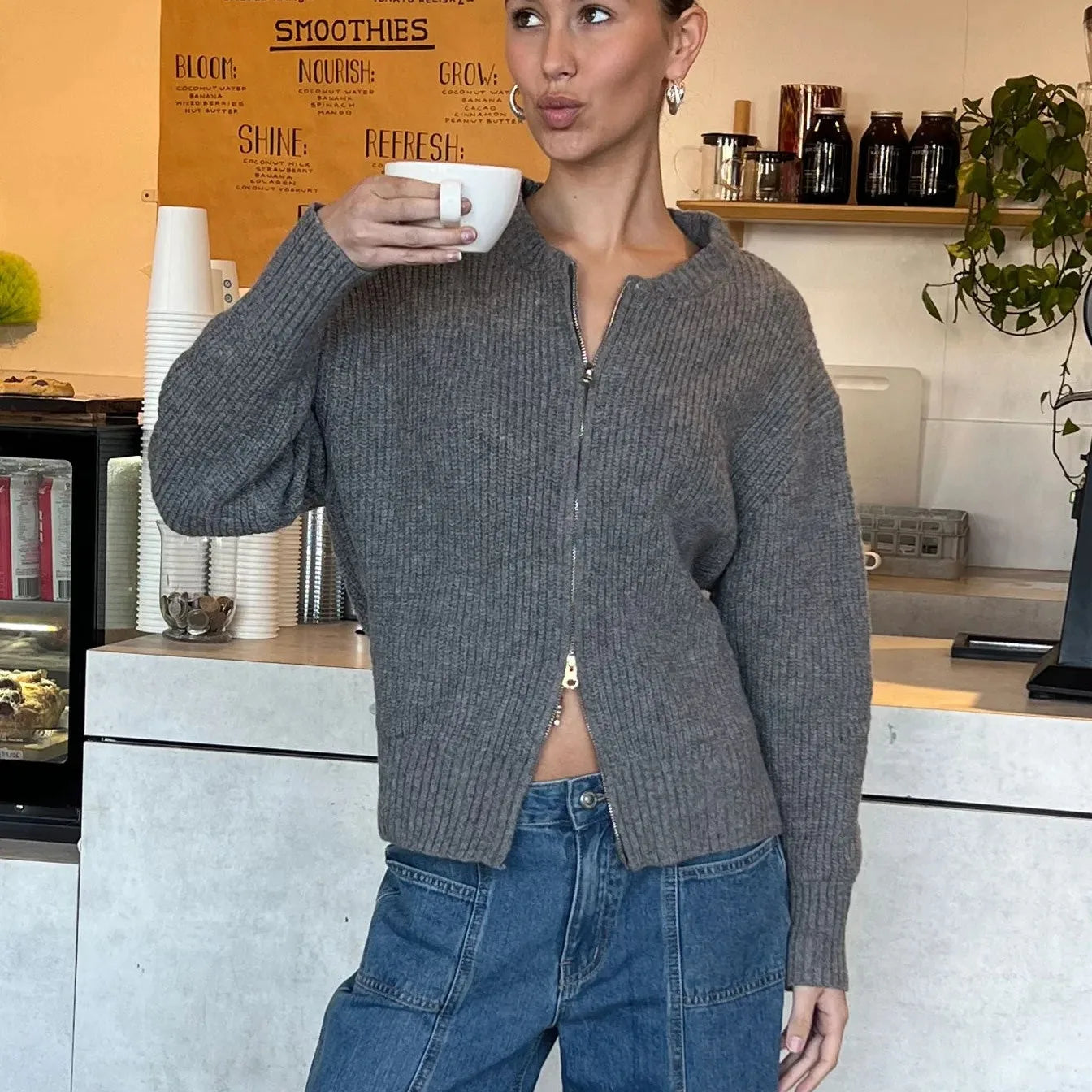 Women’s Zip-Up Knitted Sweater/Cardigan – Mock Neck Long Sleeve Open-Front Winter Jacket/Casual Long Sleeve Open Front Cardigan/Outwear Coat Fashion Streetwear.