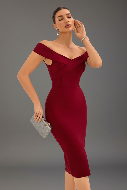 Elegant Off-Shoulder Burgundy Midi Bandage Dress with Criss-Cross Front – Form-Fitting Cocktail Parties Dresses for Women