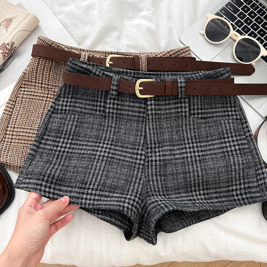 Women’s Mid-Waist Wool Blend Plaid Shorts – Autumn Winter Streetwear Short Pants