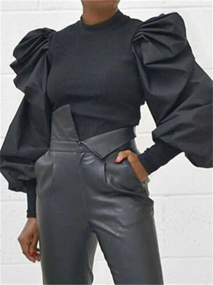 Breathable Puffed Sleeve Blouse/Solid Colored Hirigin OL Long Pullover Blouse.