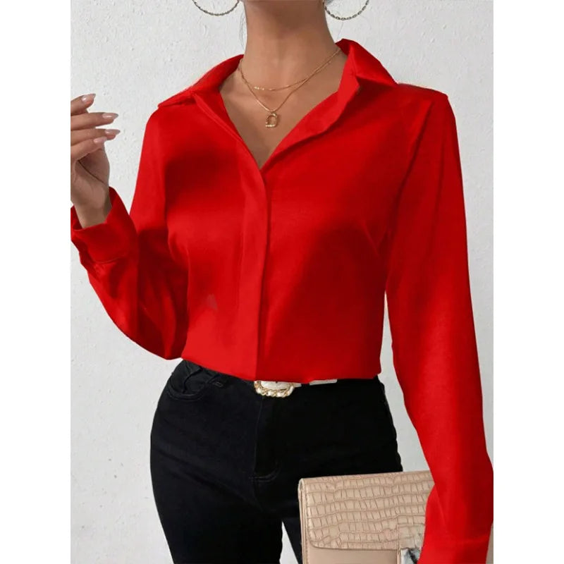 Satin Like Silk Button Down Blouse/ Long Sleeved Slightly Stretched.