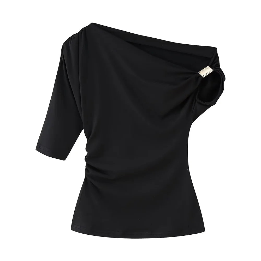 Fashion Styled Off Shoulder Blouse/Metallica Temperament Buckle/Slim Fit Nylon Asymmetric Top.