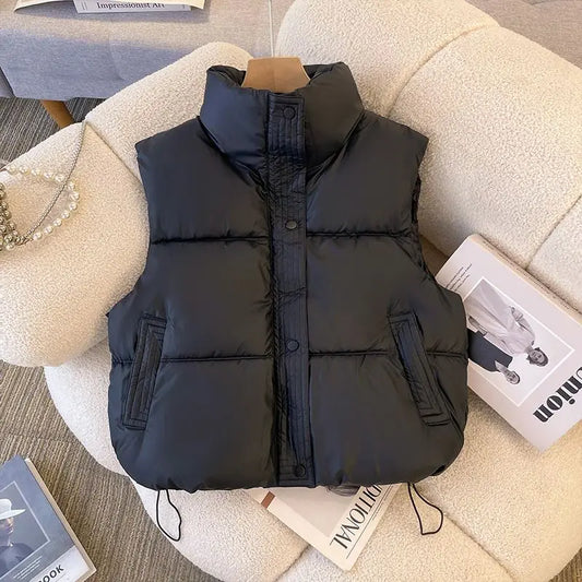 Turn DownCollar/Winter Short Down Cotton Sleeveless Vest Women's/Simple Solid Pockets Coats/Cold Resistant Waistcoat Drawstring Vest.