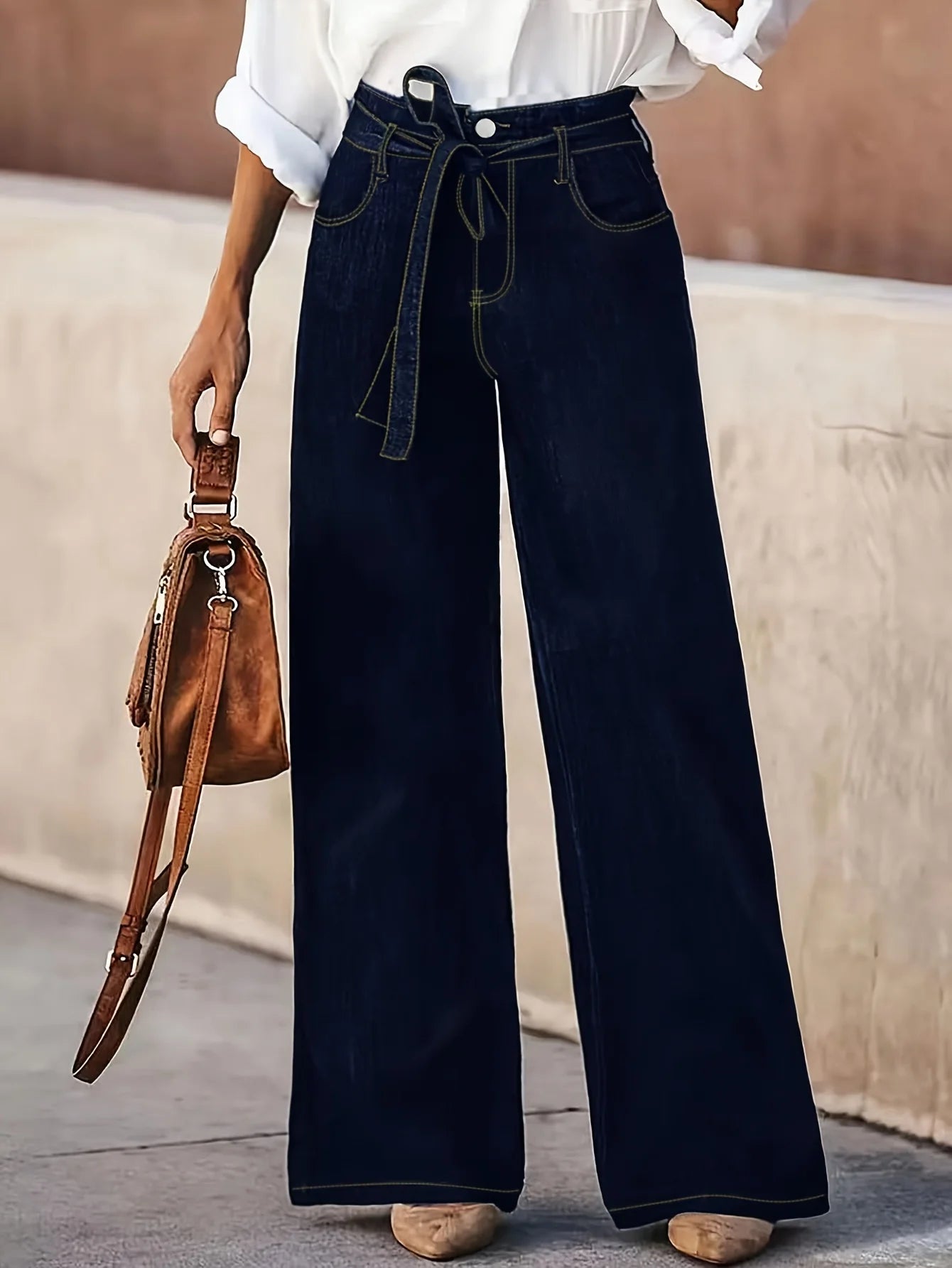 High-Waist Wide-Leg Denim Trousers with Tie Belt – Dark Wash Elegant Jeans
