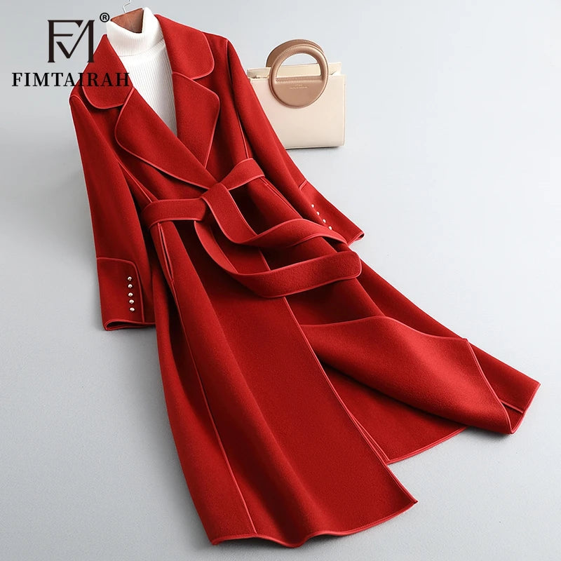 Women’s 100% Merino Wool Long Wrap Coat – Luxury Double-Breasted Style, Wide Lapel Collar, Belted Waist, Elegant Winter Outerwear
