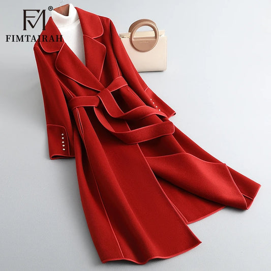 Women’s 100% Merino Wool Long Wrap Coat – Luxury Double-Breasted Style, Wide Lapel Collar, Belted Waist, Elegant Winter Outerwear