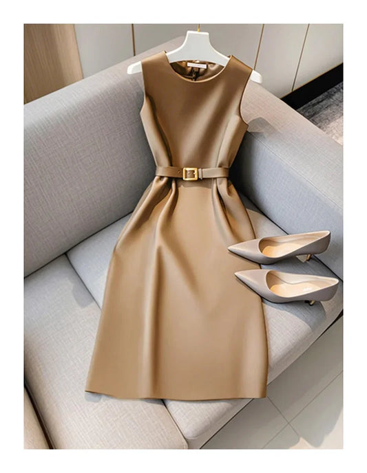 New French Luxury Summer Dress Women Elegant Sleeveless High Waist Satin Formal Dress Fashion Party Vestidos with Belt High End