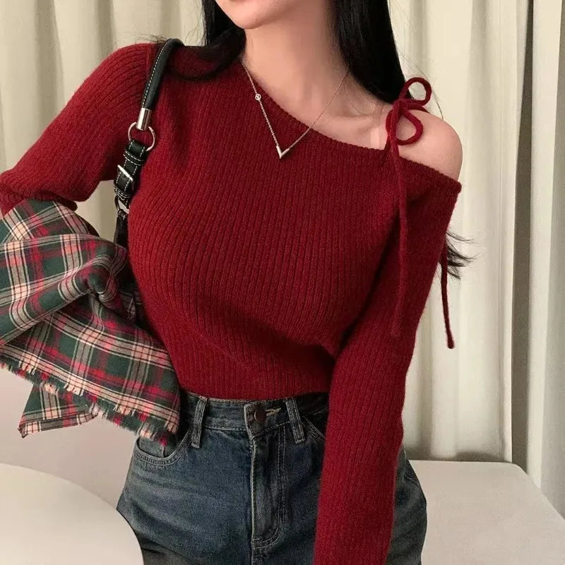 Solid Off Shoulder Pullover Women Sweater/Fashion Autumn Long Sleeved Knit Top/Lace-up Solid Casual Wear/One Size Stretched Fit.