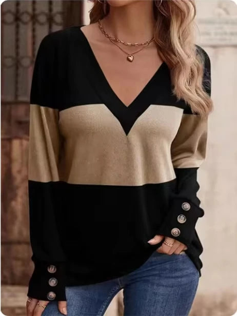 Comfort Pullover Button Down V Neck Long Sleeve Blouse/Loose Fitted.