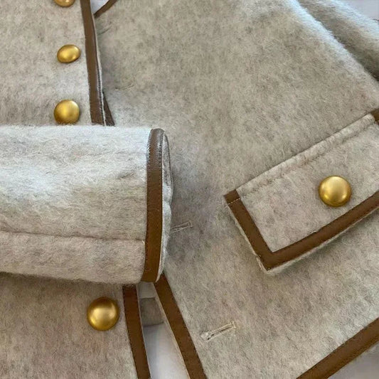 Elegant Cream Wool Cropped Jacket for Women – Vintage-Inspired Button Front Coat
