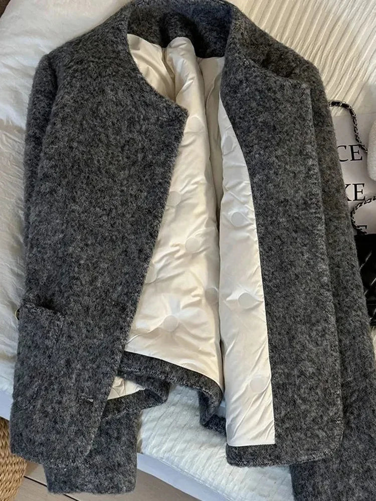 Women’s Thick Wool-Blend Jacket with Gold Buttons – Structured O-Neck Vintage Coat | Autumn Winter 2025