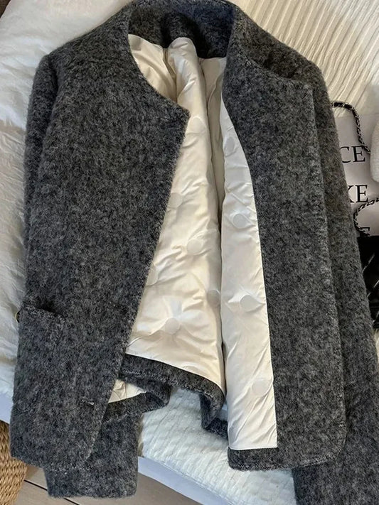 Women’s Thick Wool-Blend Jacket with Gold Buttons – Structured O-Neck Vintage Coat | Autumn Winter 2025