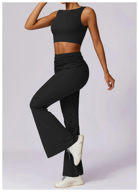 High-Waisted Flared Active Pants with Sculpting Fit – Neutral Beige