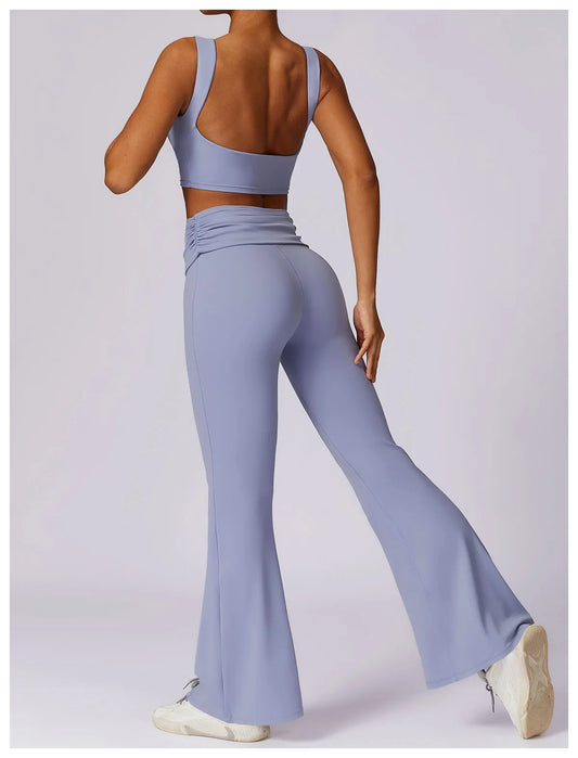 High-Waisted Flared Active Pants with Sculpting Fit – Neutral Beige
