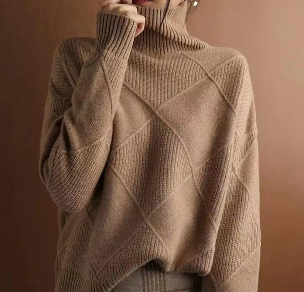 Solid Stylish Winter Turtleneck Sweater/ Elegant Thicken Warm Knitted Pullover/Crochet Texture Slim Tops Loose Jersey Knitwear Jumper.