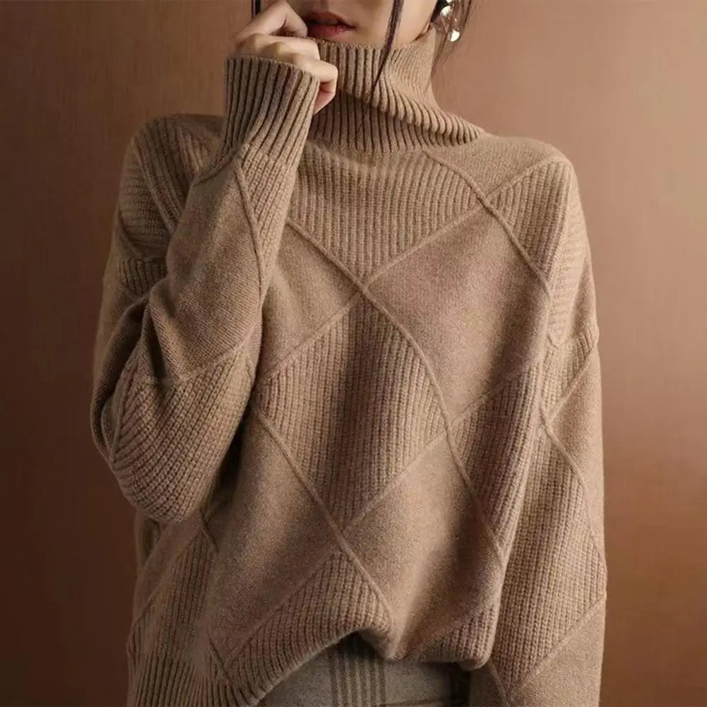 Solid Stylish Winter Turtleneck Sweater/ Elegant Thicken Warm Knitted Pullover/Crochet Texture Slim Tops Loose Jersey Knitwear Jumper.