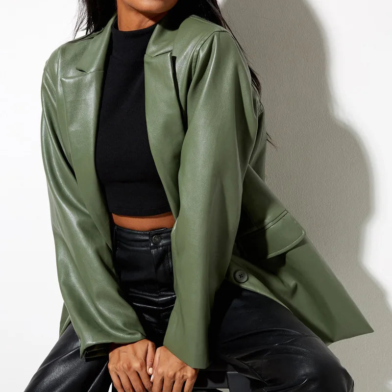 Women’s Oversized Vegan Leather Blazer – Single Breasted Faux Leather Jacket with Pockets