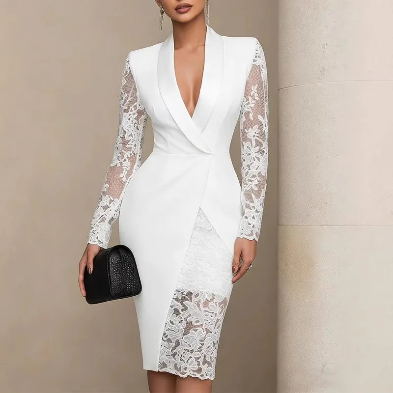 Elegant Lace Sleeve Tuxedo Midi Dress