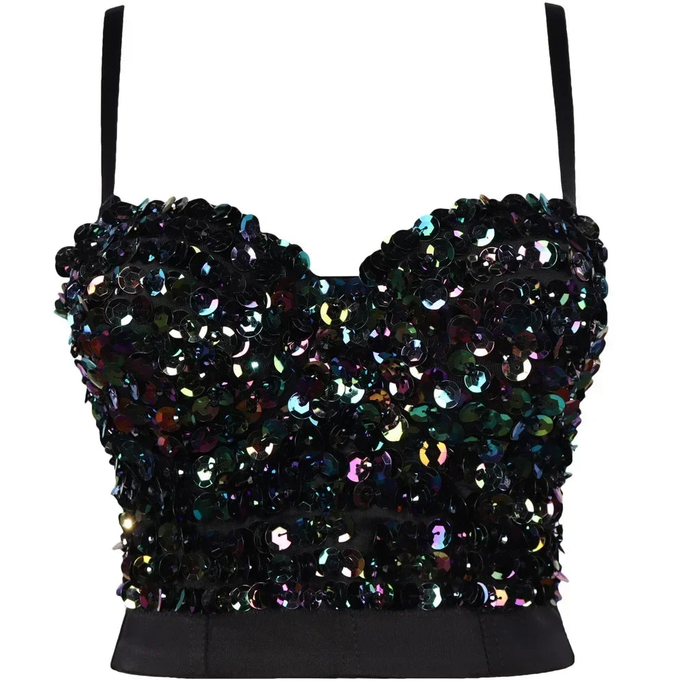 Fashion Sequined Tank Top/Shiny Shaper Push Up Bra/Sexy Halter Cropped Top/Bralette Corset Camis.