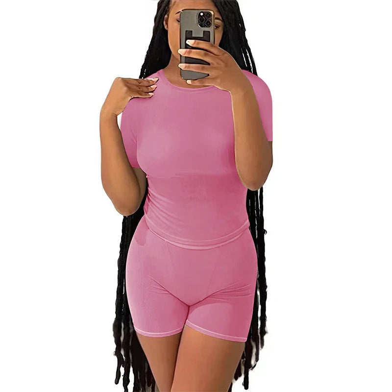 Casual Workout Day/Two Piece Outfit/Fitted Crew Neck/T~shirt/High Waist Pant’s/Matching Sets Streetwear.