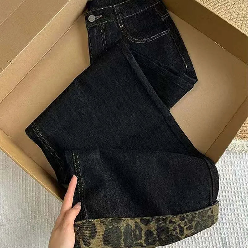 Leopard Cuff Dark Wash Wide Leg Jeans for Women – Mid Rise Loose Straight Denim Pants