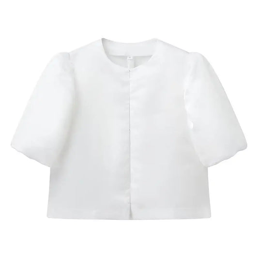 Solid Puffed Up Satin Blouse/Stylish Balloon Sleeved O~Neck Design/Single Breasted Loose Fitted Blouse.