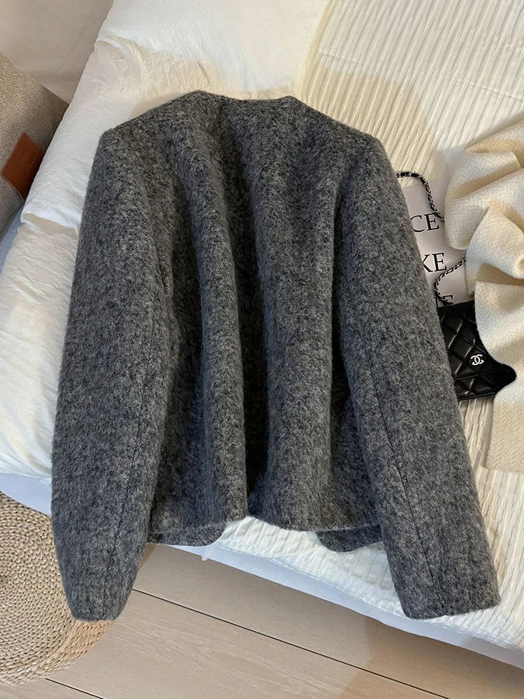 Women’s Thick Wool-Blend Jacket with Gold Buttons – Structured O-Neck Vintage Coat | Autumn Winter 2025