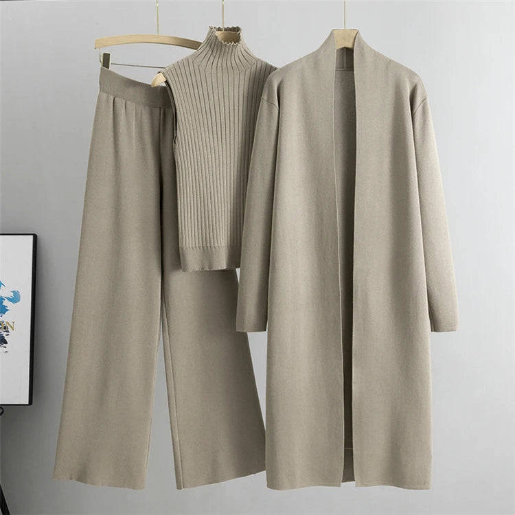 Women’s 3-Piece Knit Cardigan Set | Long Open-Front Coat, Sleeveless Turtleneck Top & Wide-Leg Pants | Fall Winter Lounge & Office Outfit