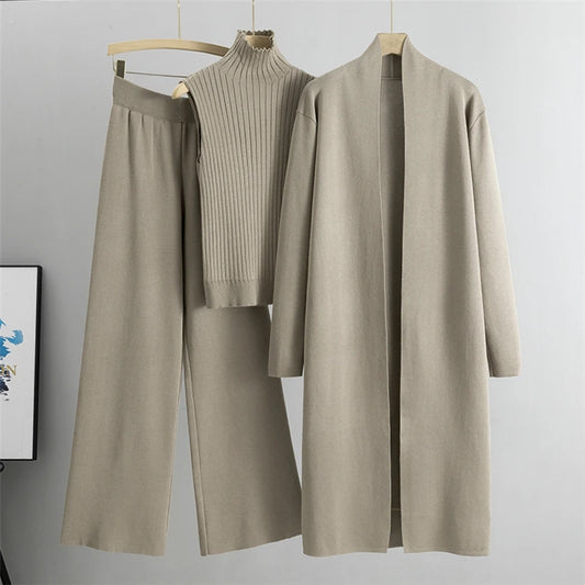 Women’s 3-Piece Knit Cardigan Set | Long Open-Front Coat, Sleeveless Turtleneck Top & Wide-Leg Pants | Fall Winter Lounge & Office Outfit