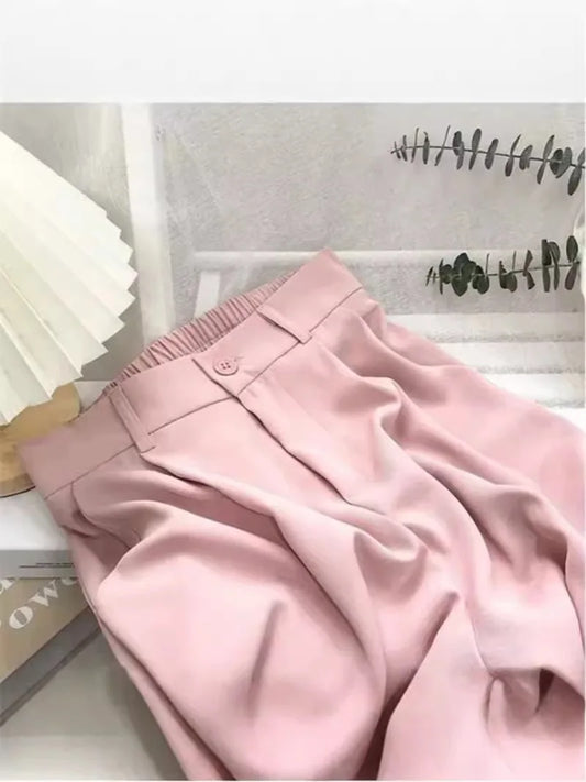 High-Waist Pleated Straight-Leg Trousers for Women | Elegant Tailored Casual Suit Pants | Soft Blush Pink Fashion Pants