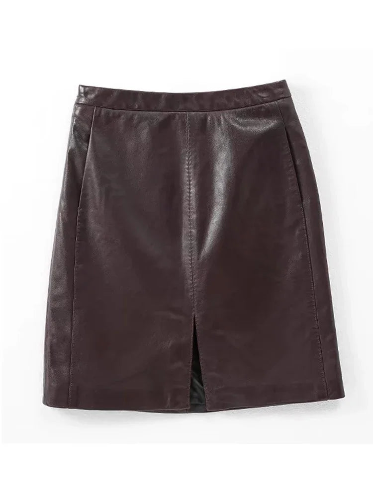 Burgundy Faux Leather Mini Skirt with Front Slit – High-Waist Vegan Leather Skirt