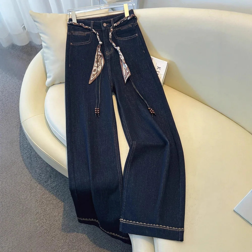 Luxury High-Waist Wide-Leg Denim Jeans with Boho Scarf Tie & Beaded Drawstring | Modern Blend Boutique